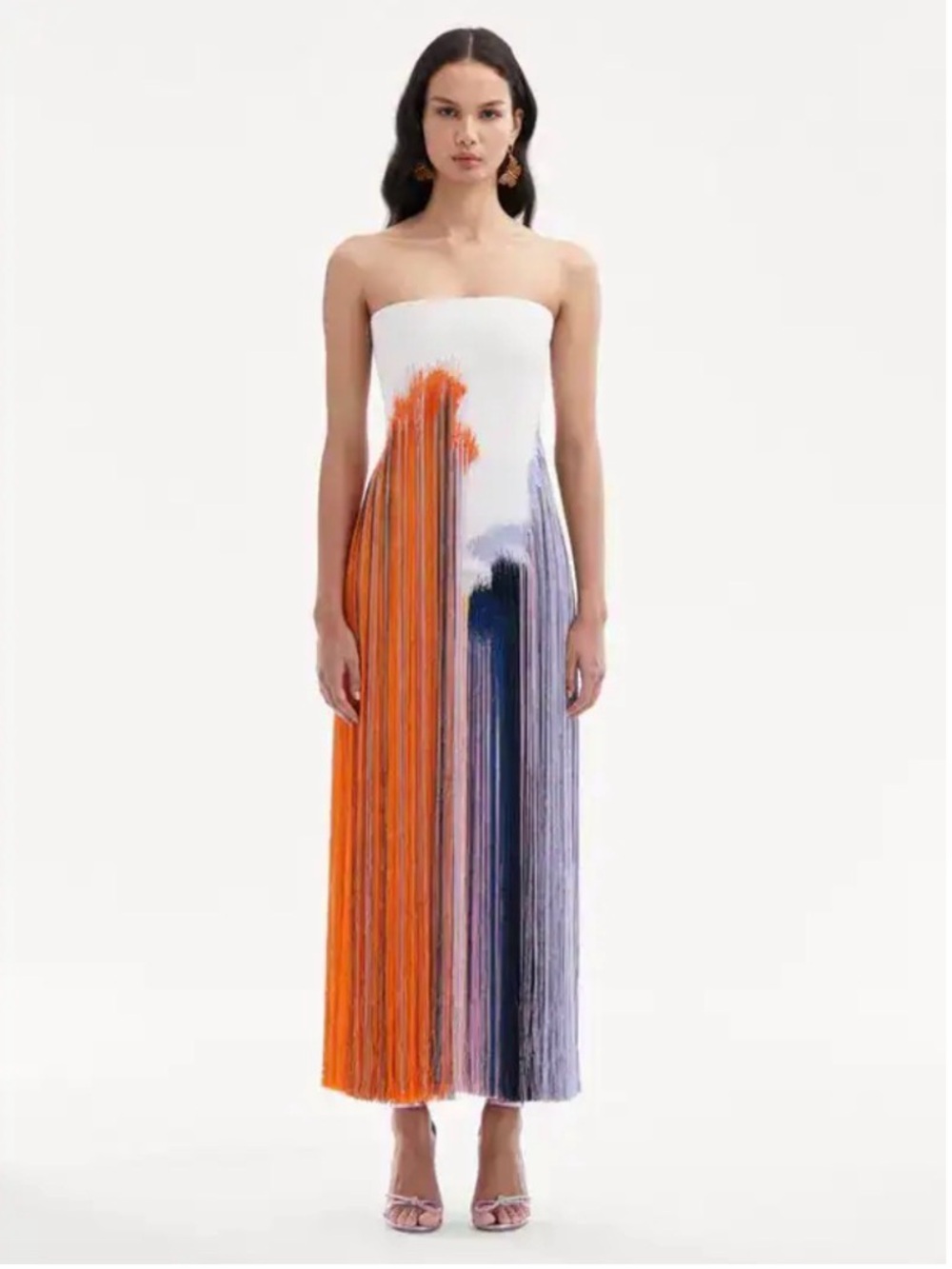 Strapless Fringe Maxi Dress in White with Orange & Purple Accents Sz S
